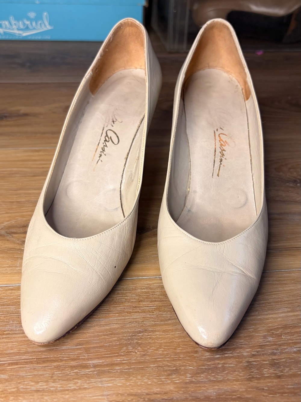 Vintage Oleg Cassini 1960s Ivory Leather Pumps 8.5 N Pointed Toe Heels